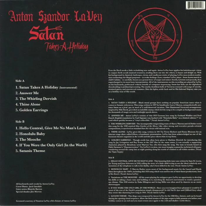 Обратная сторона обложки — Anton Szandor LaVEY — Satan Takes A Holiday (reissue) (B-STOCK)