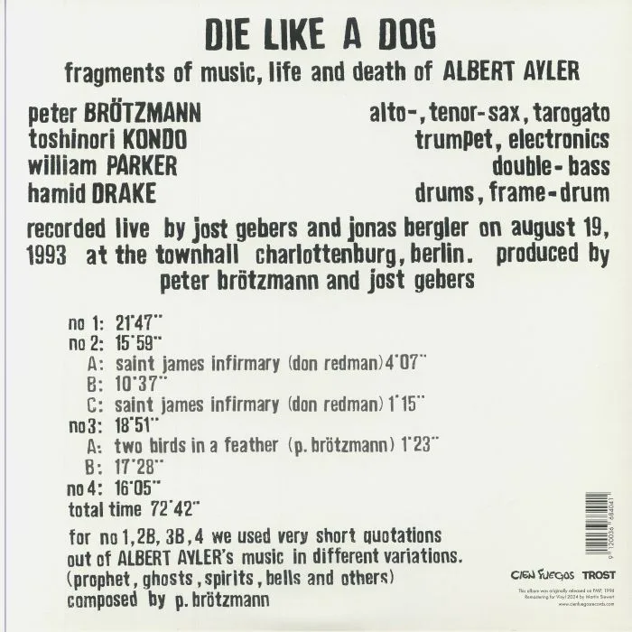 Back cover — Peter BROTZMANN / TOSHINORI KONDO / WILLIAM PARKER / HAMID DRAKE — Die Like A Dog: Fragments Of Music Life & Death Of Albert Ayler (reissue)