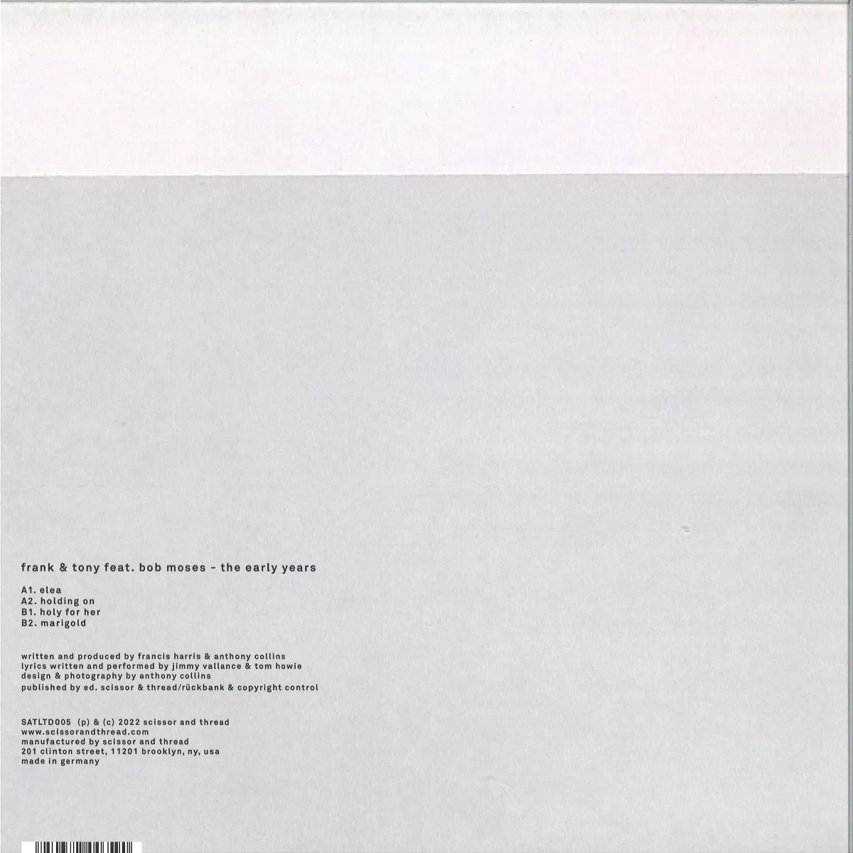 Back cover — Frank&Tony — THE EARLY YEARS
