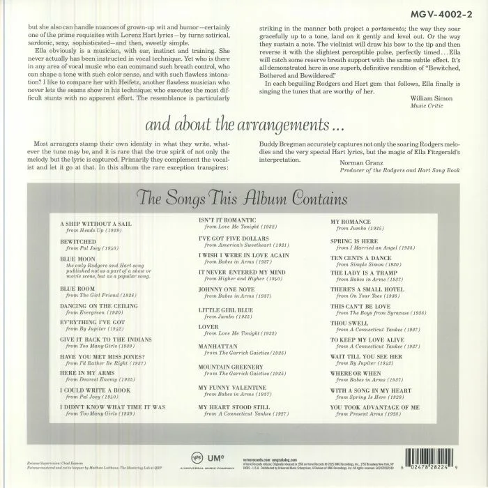 Back cover — Ella FITZGERALD — Ella Fitzgerald Sings The Rodgers & Hart Song Book (Acoustic Sounds Series)