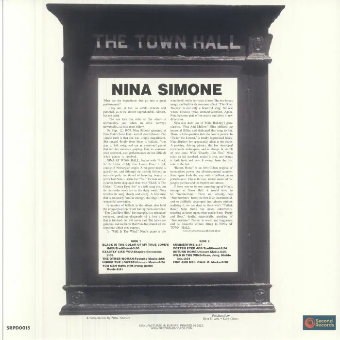Back cover — Nina SIMONE — Nina Simone At Town Hall (reissue)