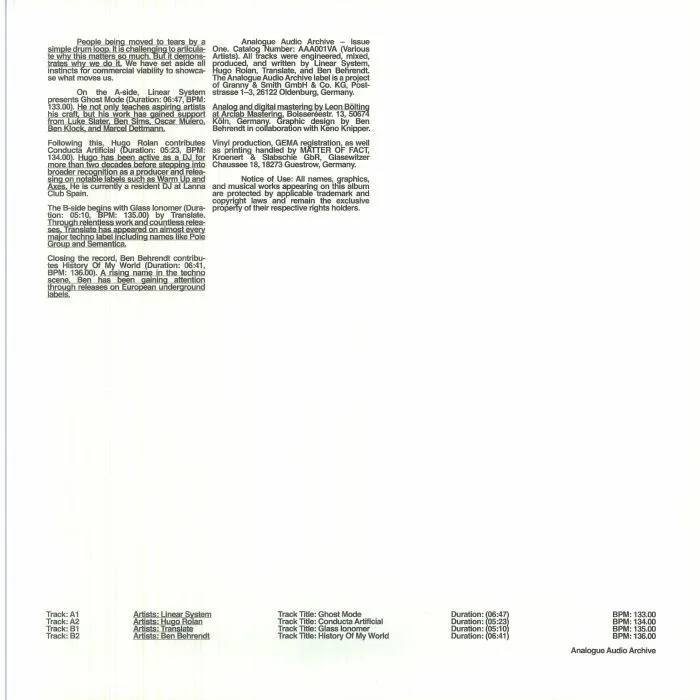 Лицевая сторона обложки — LINEAR SYSTEM / HUGO ROLAN / TRANSLATE / BEN BEHRENDT — Analogue Audio Archive 001