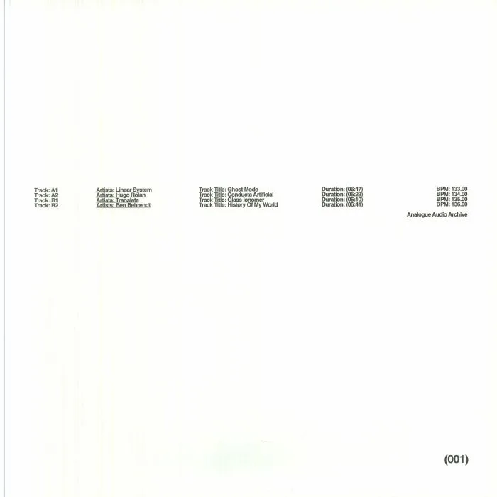 Обратная сторона обложки — LINEAR SYSTEM / HUGO ROLAN / TRANSLATE / BEN BEHRENDT — Analogue Audio Archive 001