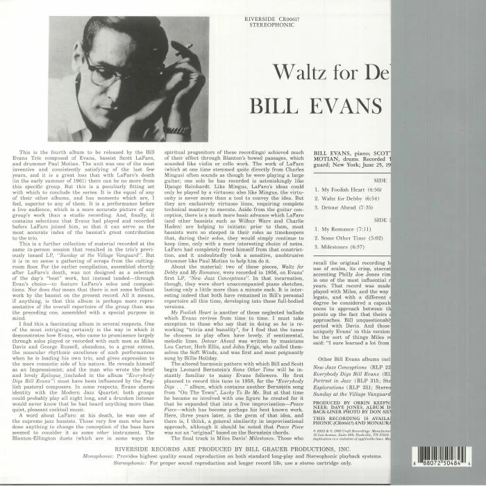 Back cover — BILL EVANS TRIO — Waltz For Debby