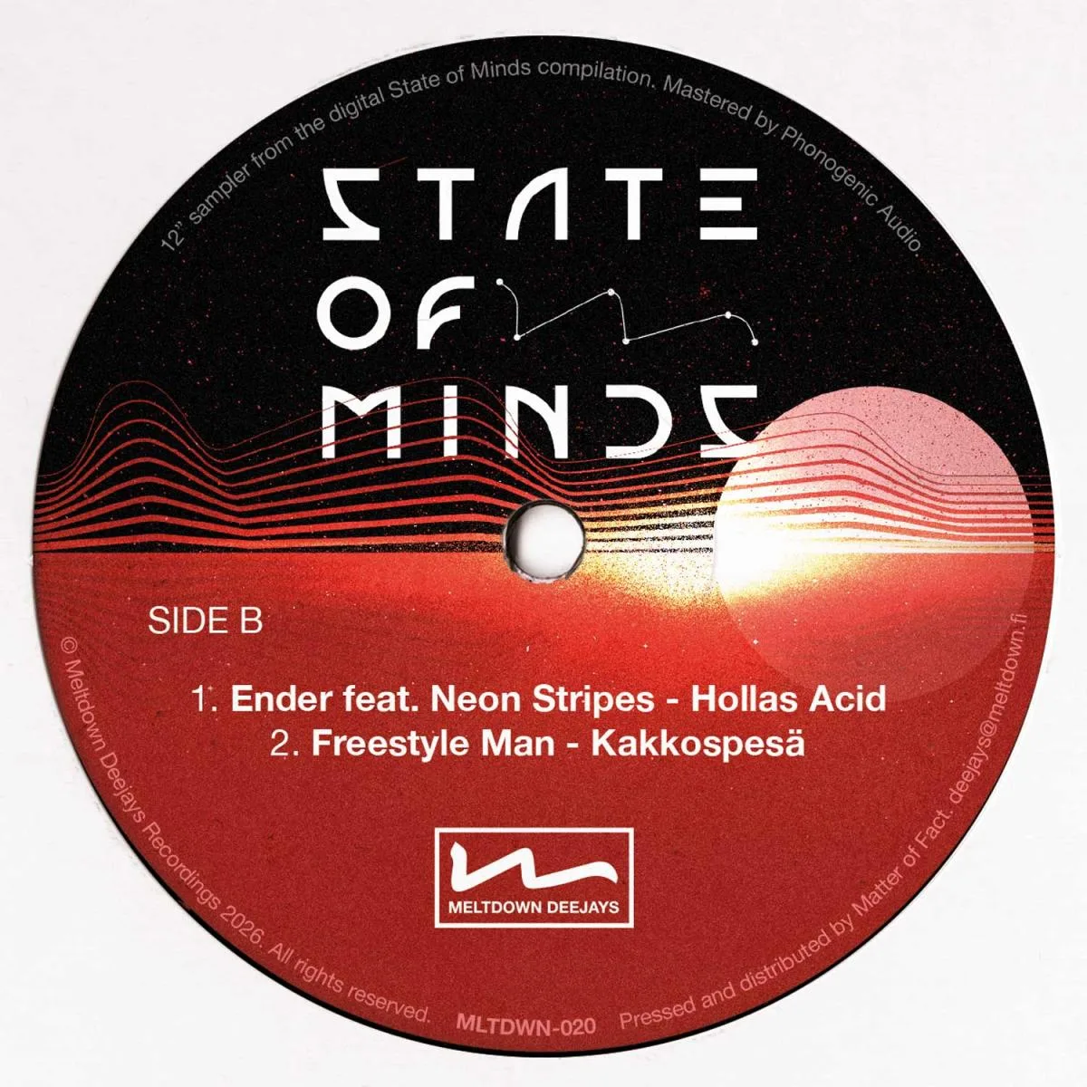 Back cover — Phonogenic, RV820, Ender, Neon Stripes, Freestyle Man — State of Minds (Album Sampler) LP