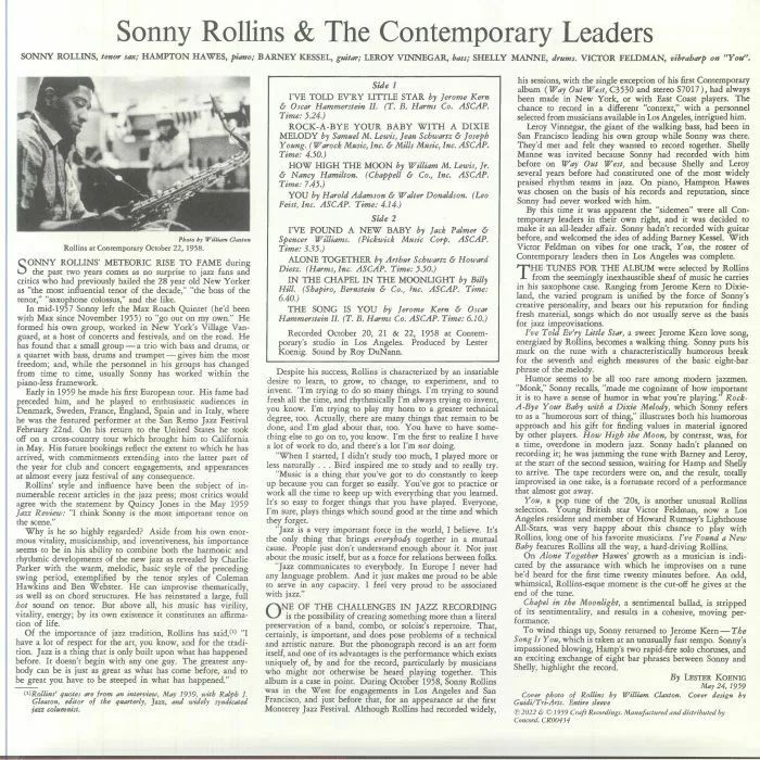 Обратная сторона обложки — Sonny ROLLINS — Sonny Rollins & The Contemporary Leaders (Contemporary Records Acoustic Sounds Series) (B-STOCK)