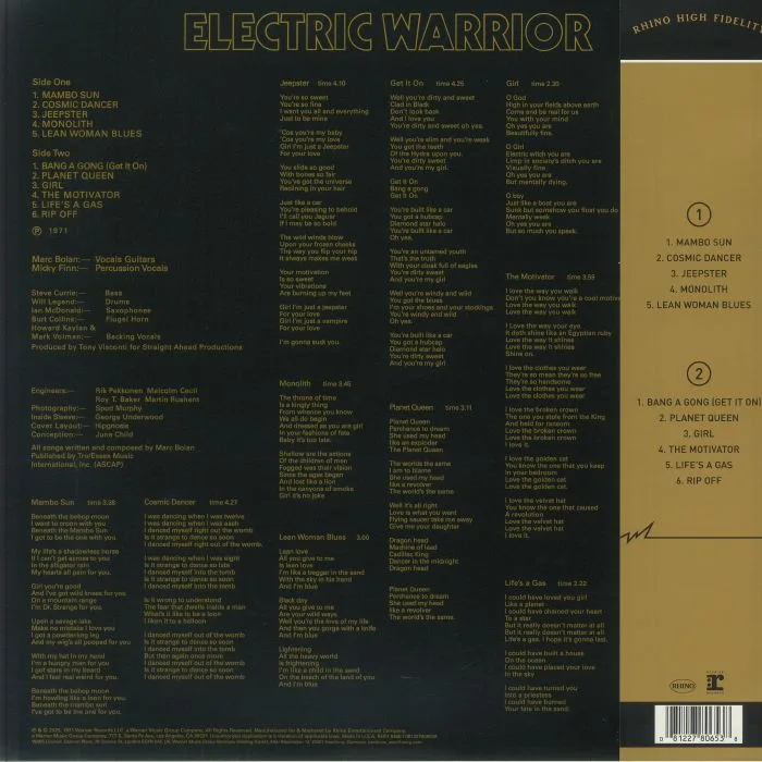 Back cover — T REX — Electric Warrior (Rhino High Fidelity Edition)