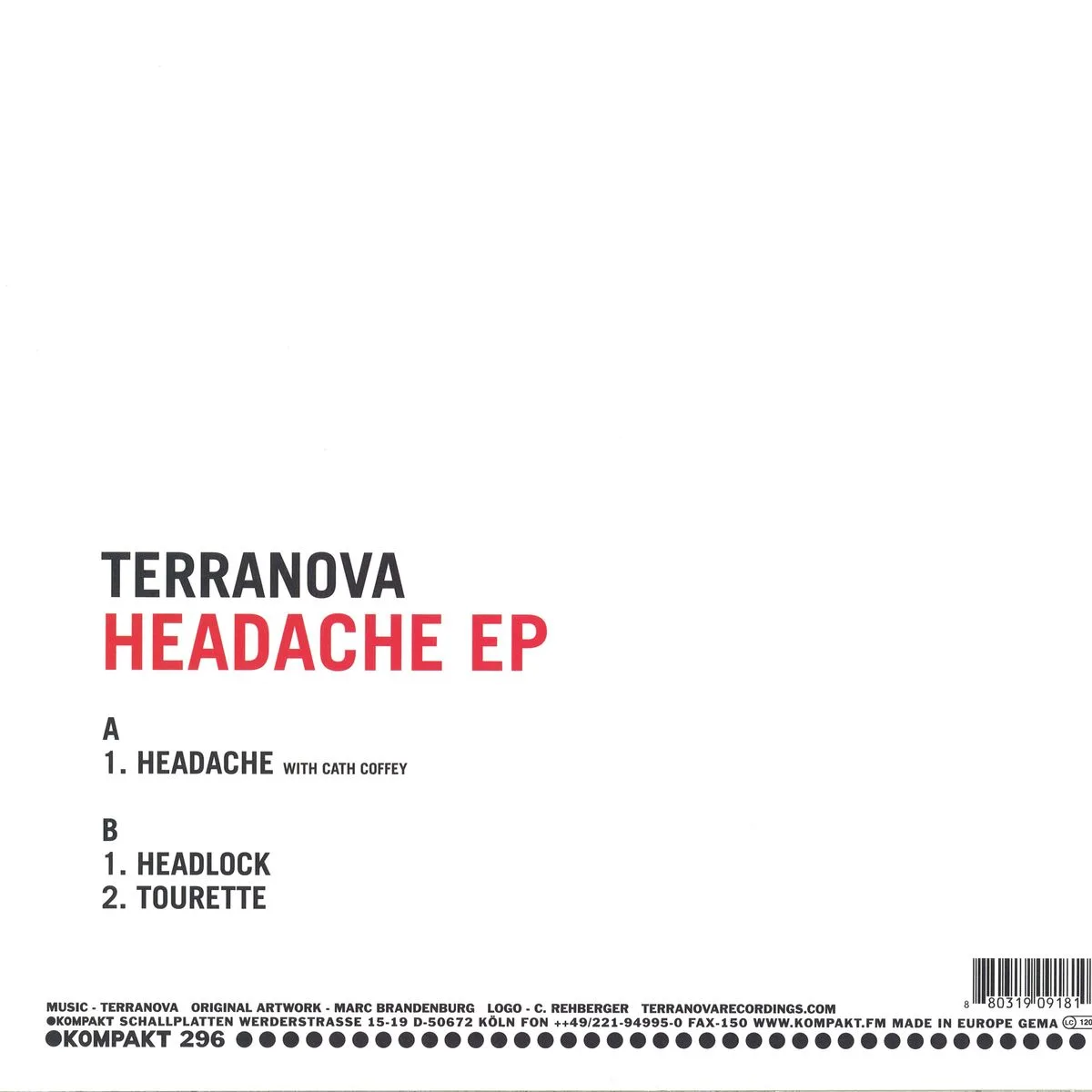 Обратная сторона обложки — Terranova — Headache Ep