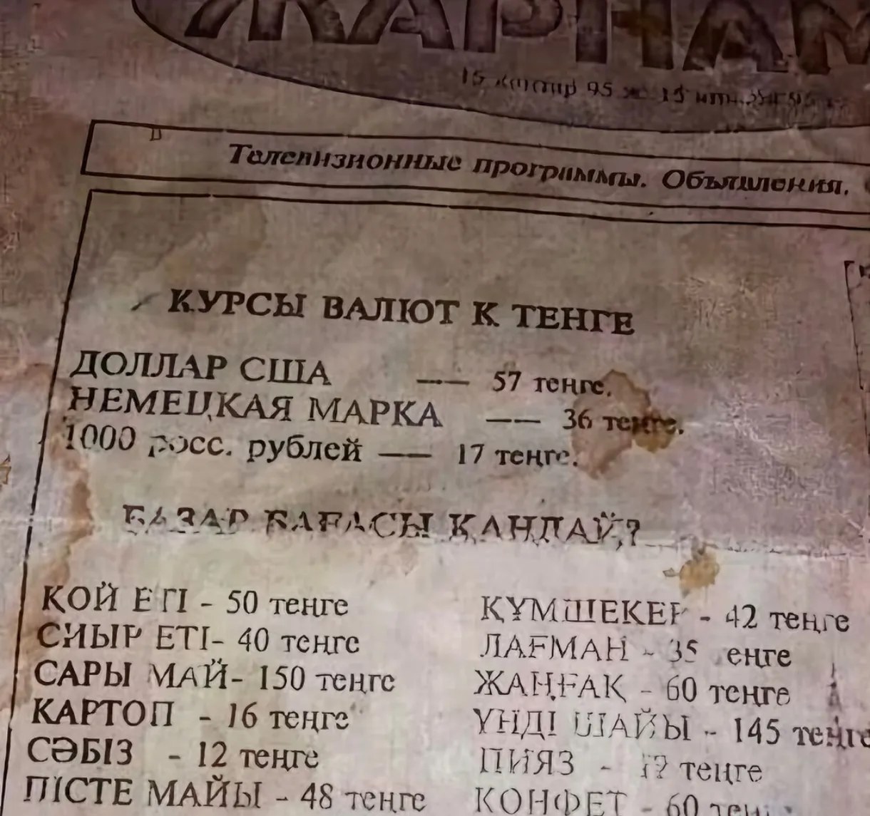 Казахстанцы удивились ценам на продукты в 1995 году